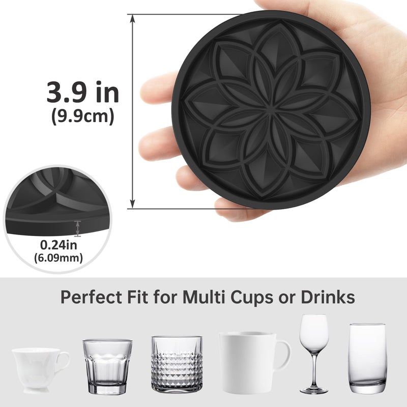 HFHOME Drink Coasters Set of 6 Packs with Holder, HFHOME Round Black BPA Free Silicone with Non-Slip Bottom Fits Any Size Cup Mug or Glasses (Black) - Image 2